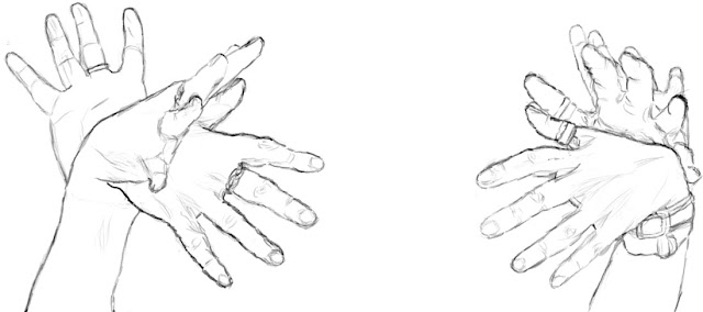 Digital sketch of a pair of hands and a small amount of forearm. There are three sets of overlapping outlines with spread fingers - one with fingers pointing up and somewhat back, one with fingers slanting downward, one somewhere between those two positions. The hands are solid and kind of cup each other as opposed to overlapping as before. The fingers are somewhat lined and wearing rings on middle finger (left hand) and thumb (right hand), with a double band of some kind, complete with buckles, just below the wrist of the right.