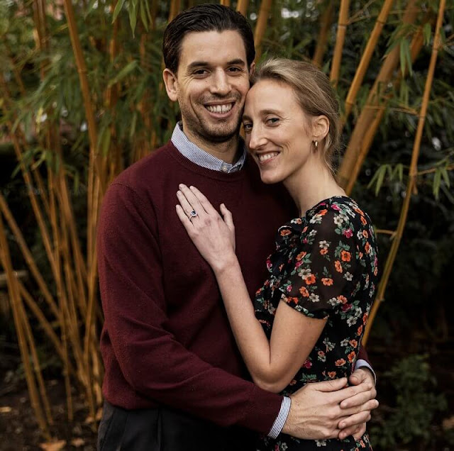 Princess Maria Laura wore a ruffle trimmed floral print chiffon midi dress by Maje. Diamond and sapphire ring in engagement photos