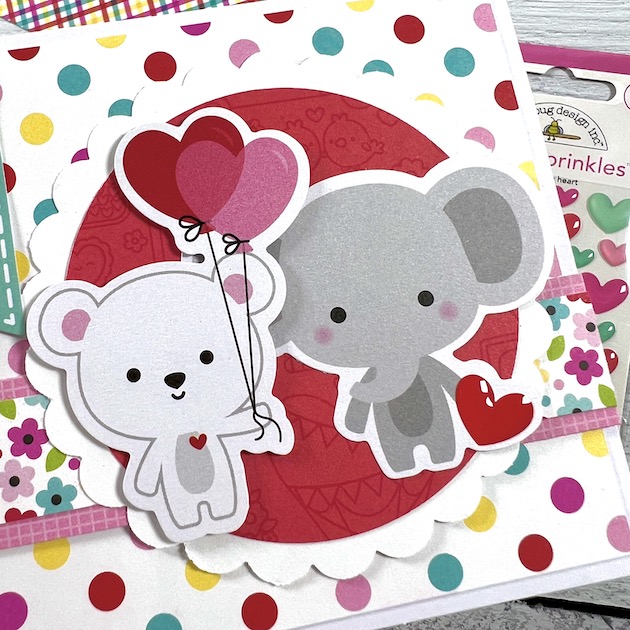 Handmade Valentine's Day Card with colorful polka dots, a bear, an elephant, balloons, hearts, and flowers