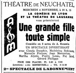 Une grande fille toute simple d'André Roussin_création avec Gérard Philipe en 1942_annonce Neuchâtel