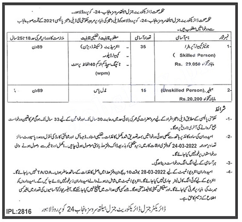 Directorate General of Health Services Punjab Jobs