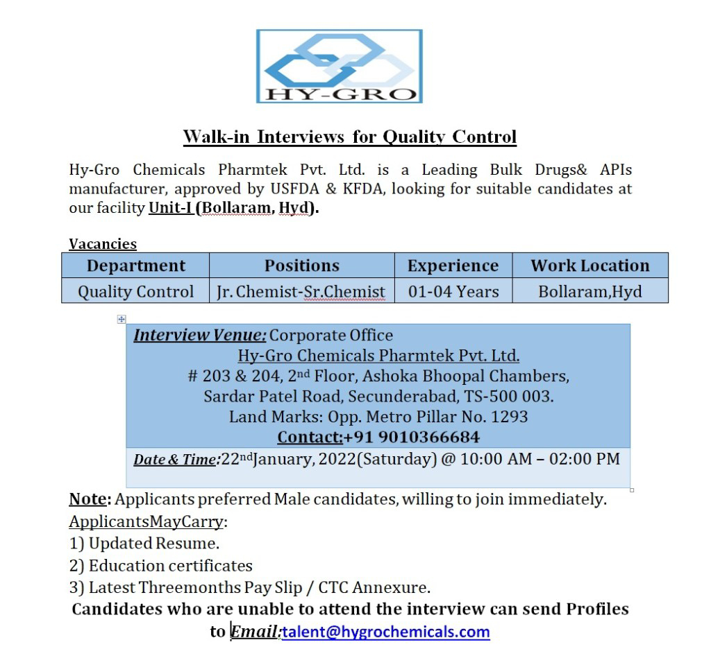 Job Availables,Hy-Gro Chemicals Pharmtek Pvt. Ltd Walk-In-Interview For Quality Control