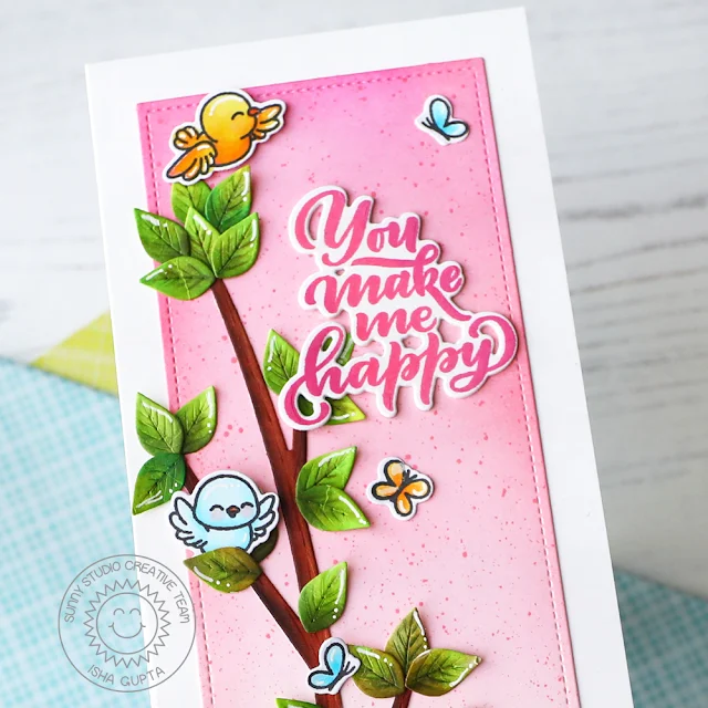 Sunny Studio Stamps: Out On A Limb Card by Isha Gupta (featuring Bunnyville, Little Birdie, Lovey Dovey, Slimline Dies)