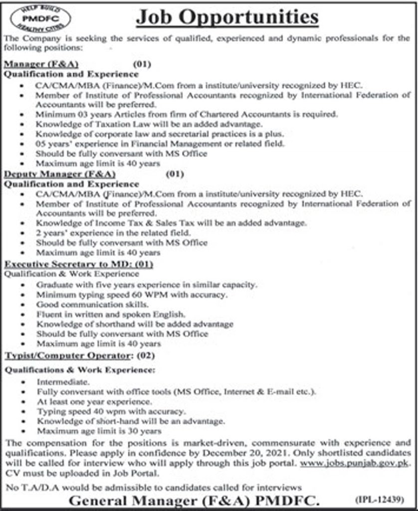 www.jobs.punjab.gov.pk - PMDFC Punjab Municipal Development Fund Company Jobs 2021 in Pakistan