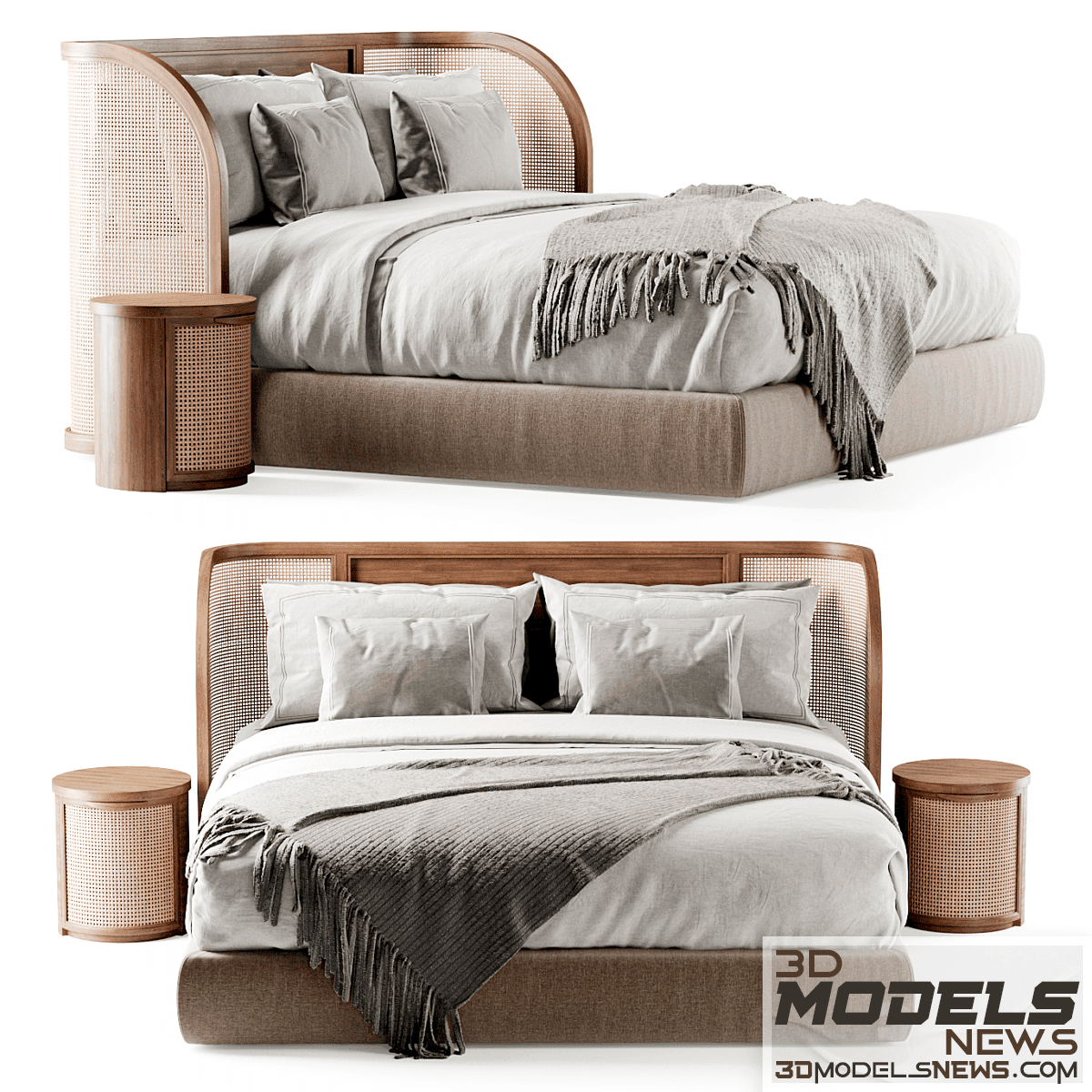 Wooden double bed rattan model