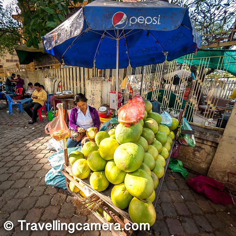 Another good thing about Cambodia was that fresh tropical fruits, such as Mangoes, Pineapples, Pomelos were available everywhere. In the scorching heat of Cambodia, these fruits tasted so good and were so reasonably priced that we bought them almost at every turn. They were a savior really in the heat.