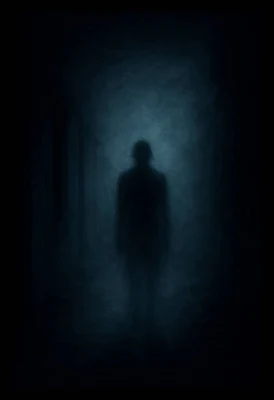 Bayangan kabur seperti roh berdiri di koridor gelap berkabus, menggambarkan persoalan tentang kewujudan hantu dari sudut saintifik dan paranormal.