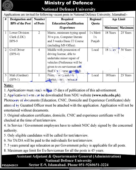 National Defence University NDU Islamabad Jobs 2022 - www.ndu.edu.pk