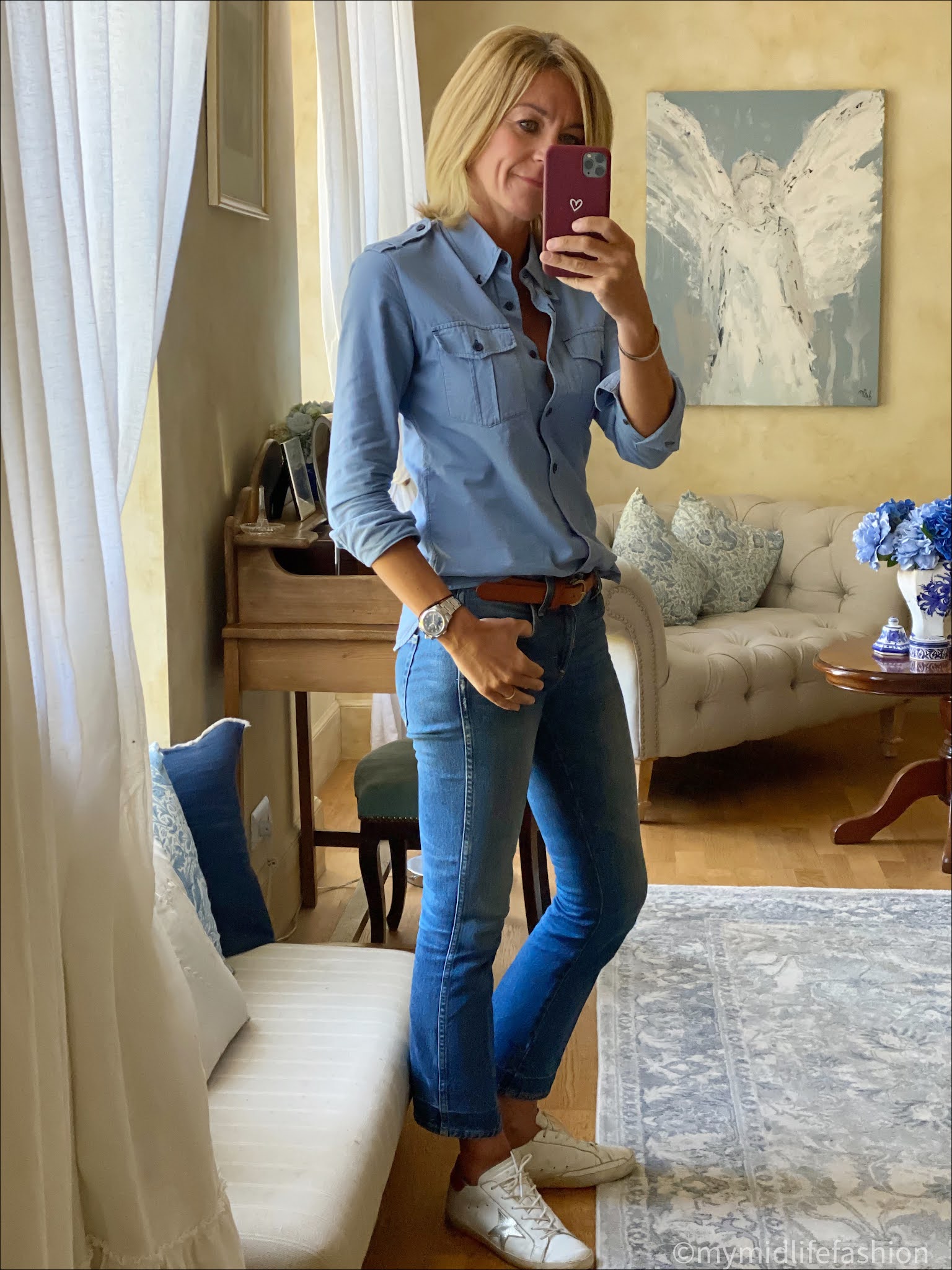 my midlife fashion, Isabel Marant Etoile chambray shirt, j crew cropped kick flare jeans, golden goose superstar low top leather trainers