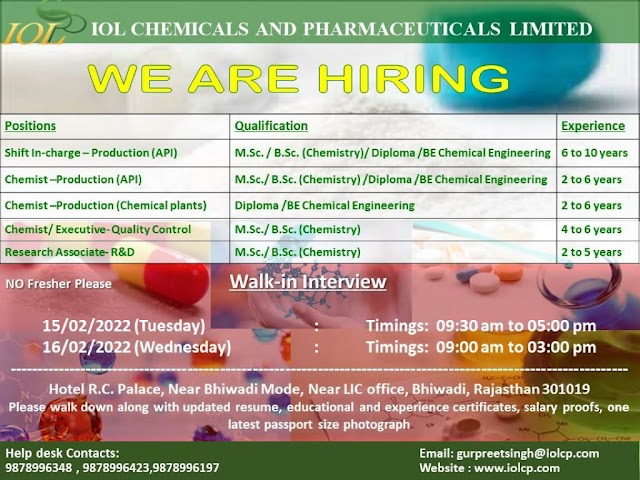 IOL Chemicals | Walk-in interview for Production/QC/R&D on 15th & 16th Feb 2022