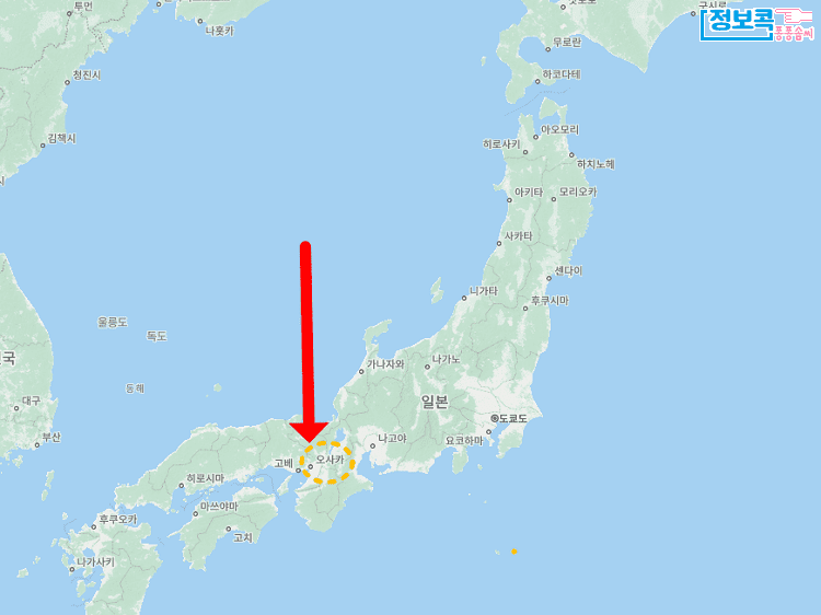 지도에 표기 된 오사카의 위치를 설명하는 이미지 입니다