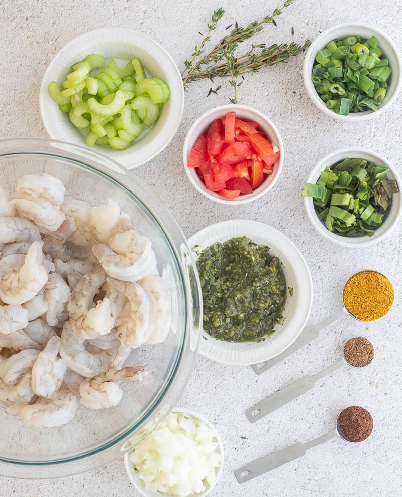 Pictures of the list of ingredients for making Trinidad curry shrimp.