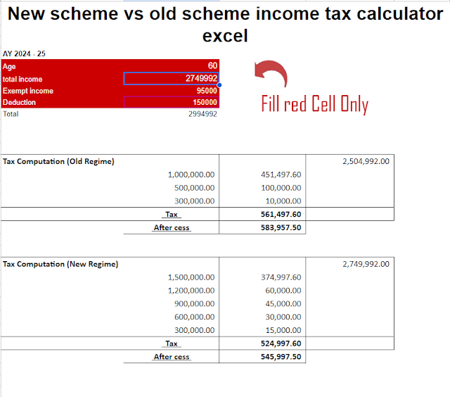 Income Tax Calculator for AY 2024-25: Old Regime vs. New Regime Excel Software