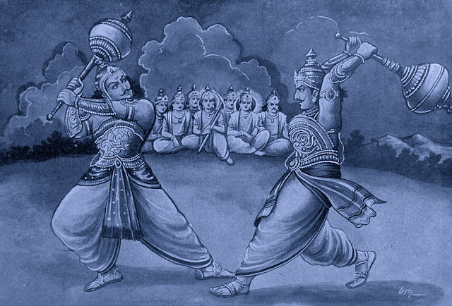 Battle with clubs between Satyaki and Paundraka