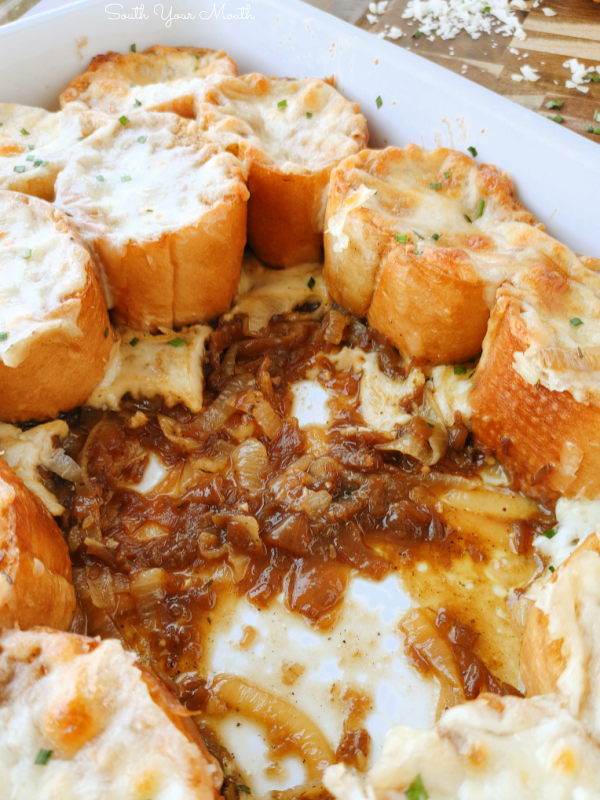 French Onion Soup Casserole! An easy side dish recipe with toasted, crusty bread dipped in a thick French Onion Soup base topped with gooey, buttery melted cheese.