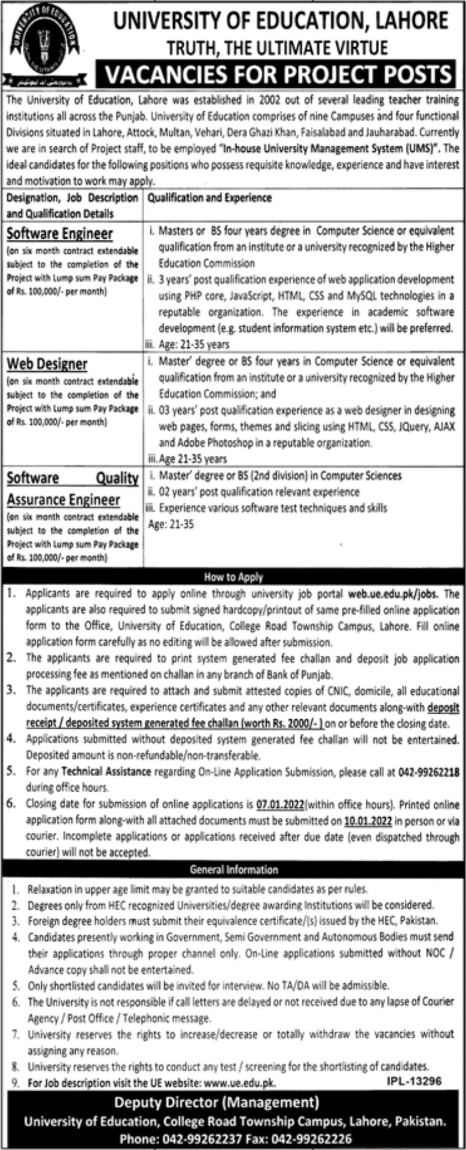 University of Education Lahore Jobs 2021