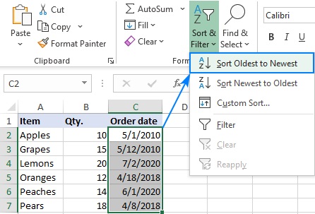 تاريخ الفرز في Excel: حسب السنة