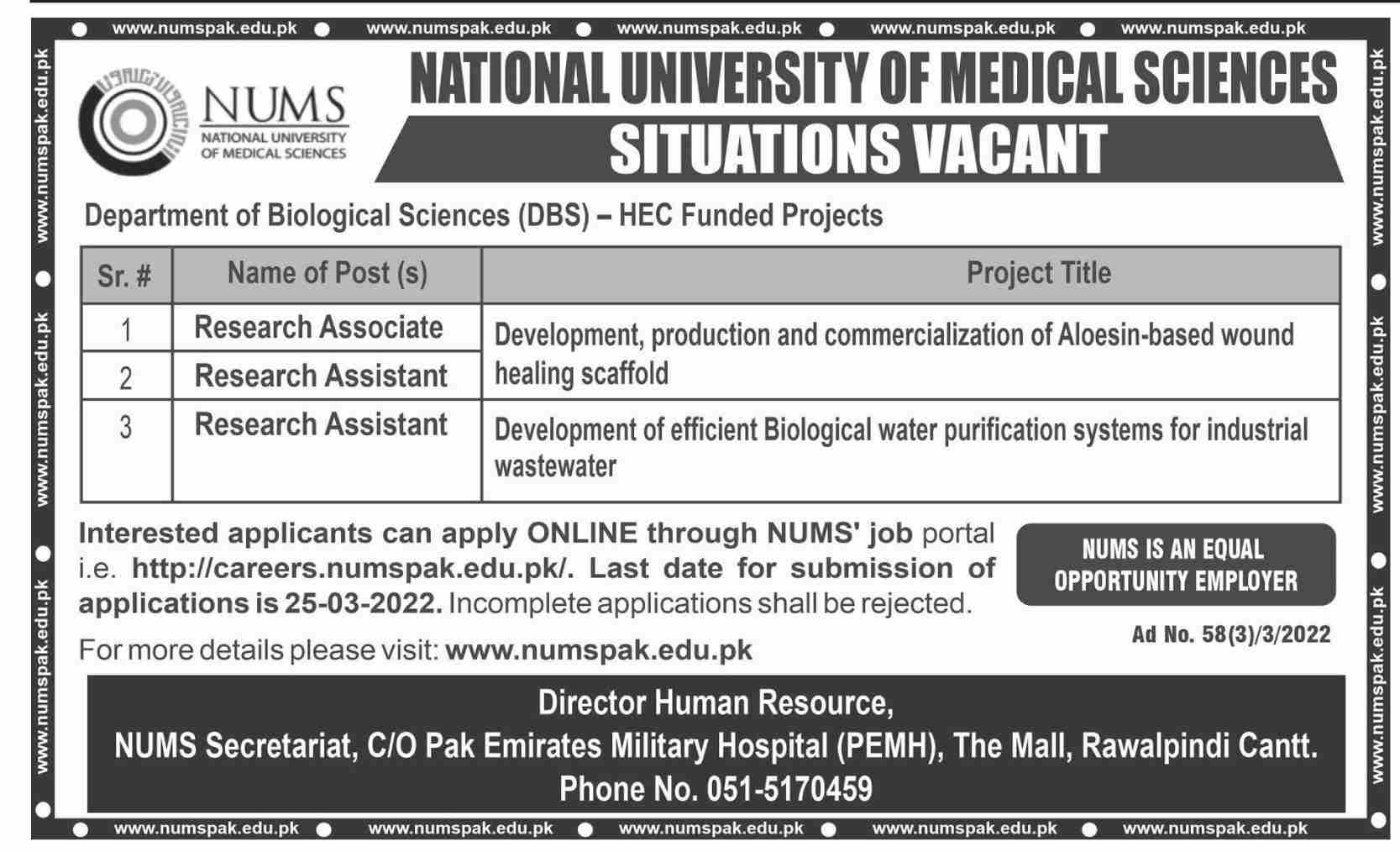 Latest National University of Medical Sciences NUMS Research Posts Rawalpindi 2022