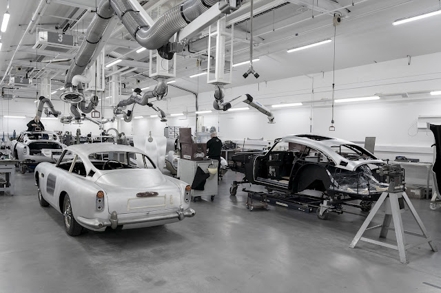 The production line where the Aston Martin DB5 Goldfinger Continuation model is assembled.