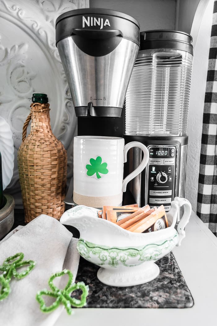 easy shamrock mug, green transferware, frosted shamrocks