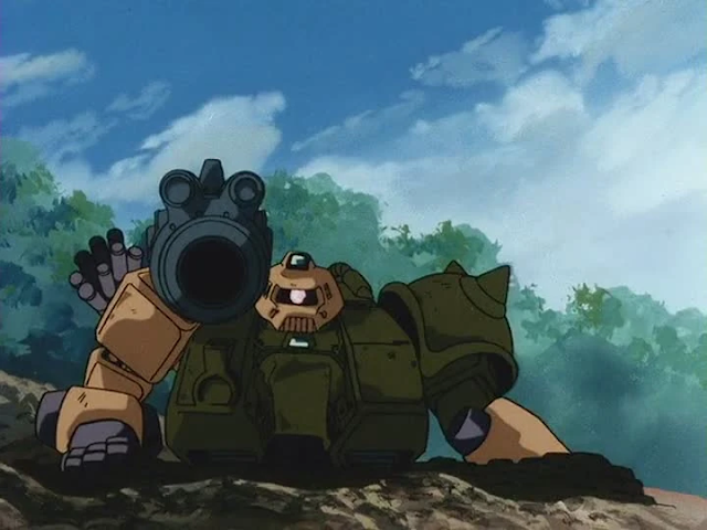 Imagen de un Zaku Cannon, un tipo de Mobile Suit de la serie Gundam, en una trinchera