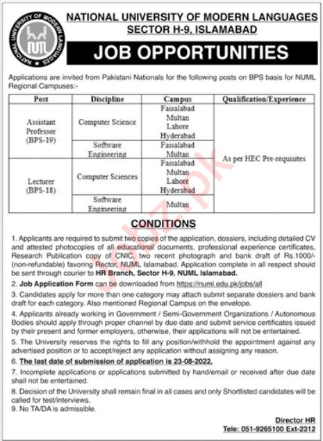 National University of Modern Languages NUML Faculty Jobs