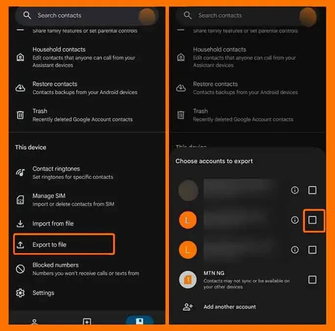 تصدير جهات الاتصال كملف VCF