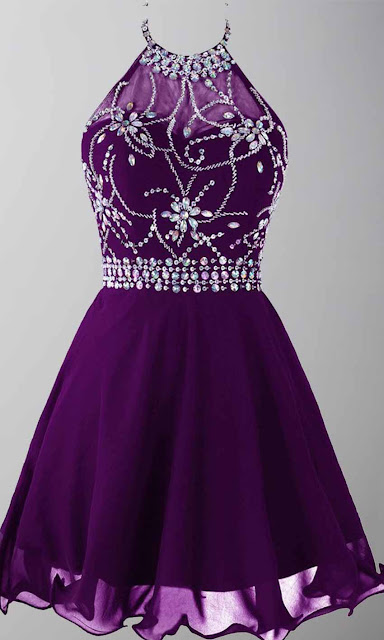 Short Rhinestone Halter Violet Prom Dresses KSP409