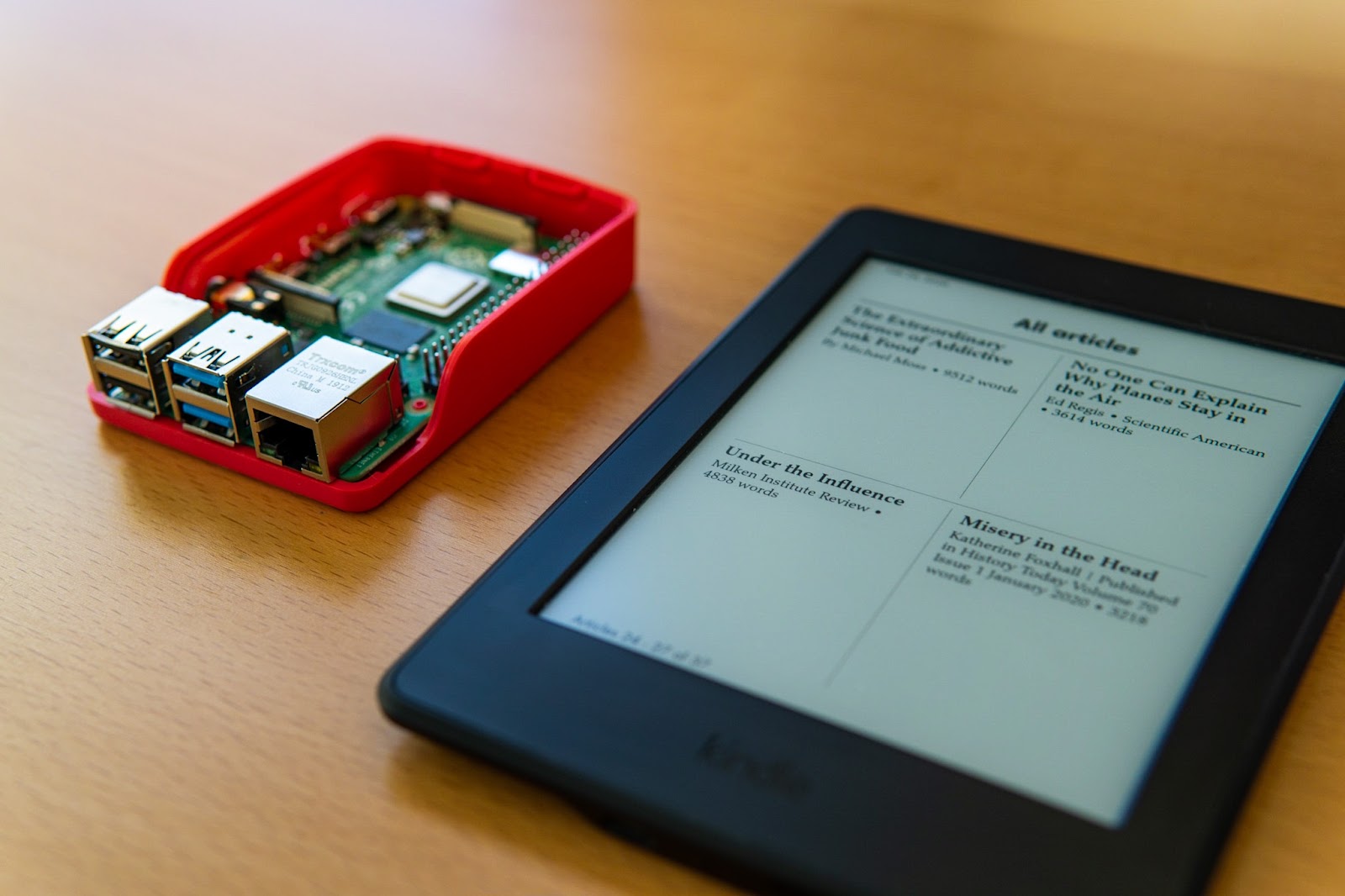 Raspberry Pi and Kindle Paperwhite. The eBook is composed of articles previously saved to Pinboard.