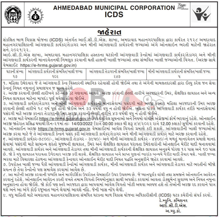 Maru Gujarat Job of Ahmedabad Anganwadi ICDS Vacancy 2022 for Worker & Helper (Tedagar) Posts - Jobs in Ahmedabad - Last Date 04 April 2022