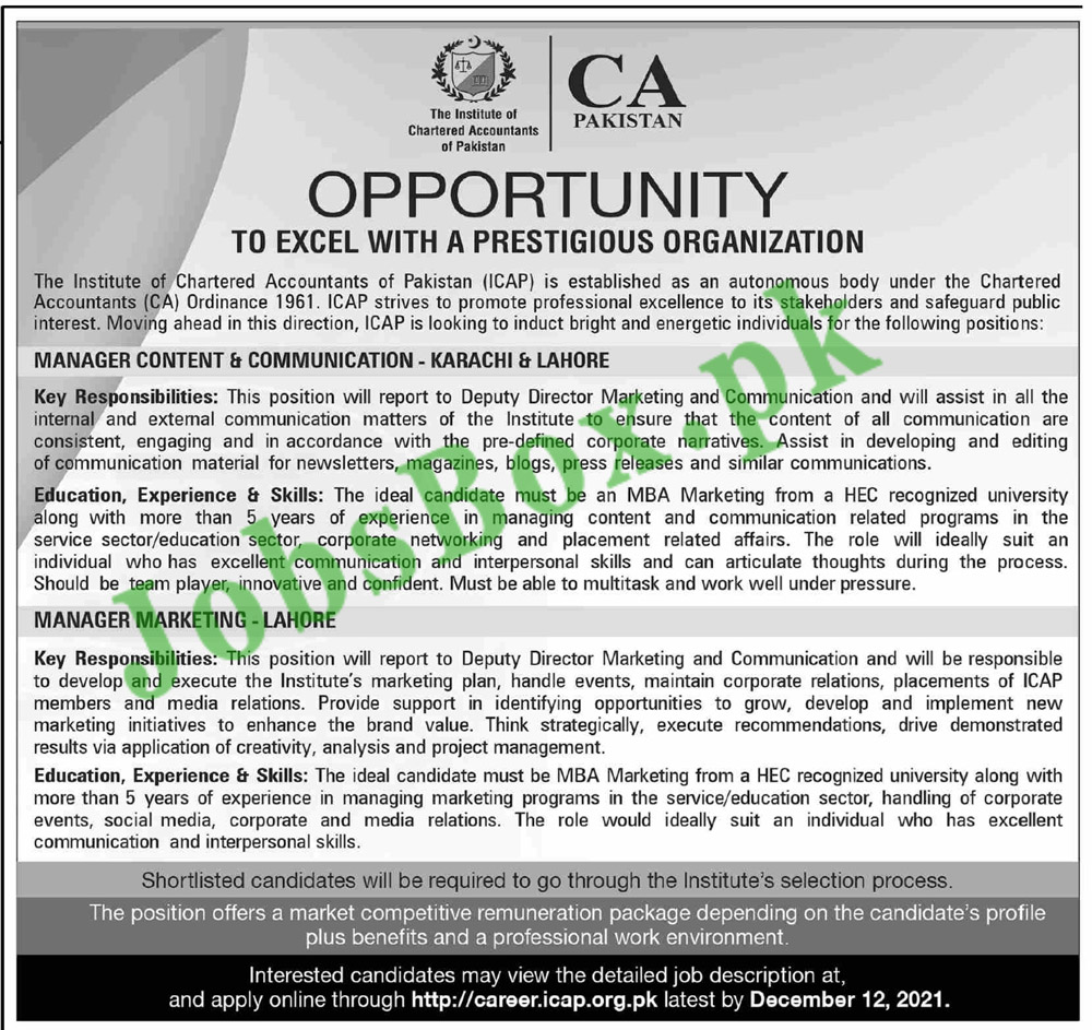 Institute of Chartered Accountants of Pakistan ICAP Jobs 2021