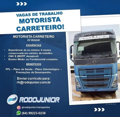 Caminhões e Carretas - Rodojunior abre vagas para motoristas de sider e baú  LEIA:  A Rodojunior Transportes e Logística Ltda,  empresa localizada na cidade de Rio Verde, Goiás, abriu um novo