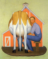 Boy Milking a Cow painting by American painter Grant Wood c.1932, famous for American Gothic painting in Regionalist Movement