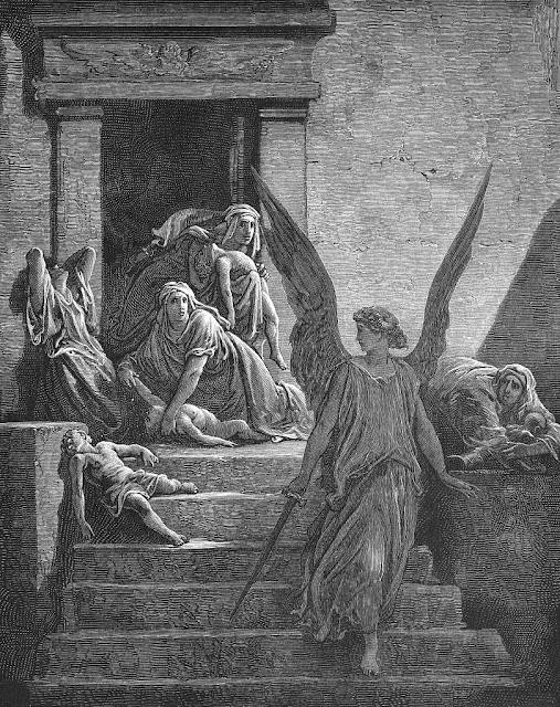 Десятая, решающая казнь: ангел смерти забирает первенцев египтян и не замечает евреев.