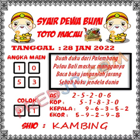 Prediksi Dewa Bumi Togel Macau Pools Sabtu 28-01-2023