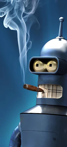Vertical HD wallpaper of a relaxed Bender with a cigar, exuding a laid-back vibe against a cool blue background.