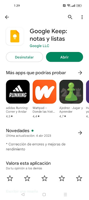 Aplicación de Google Keep en Google Play Store