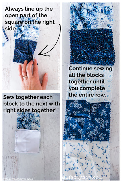 collage of steps to sew together a column of puff quilt blocks