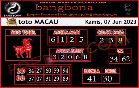 Prediksi Bangbona Toto Macau Jumat 09 Juni 2023