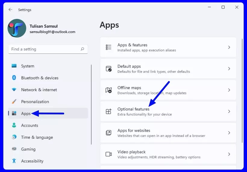 apps - optional features windows 11