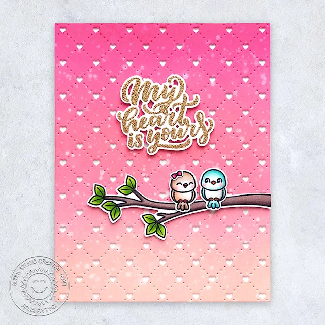 Sunny Studio Stamps: Quilted Heart Die Card by Anja Bytyqi (featuring Little Birdies, Lovey Dovey)