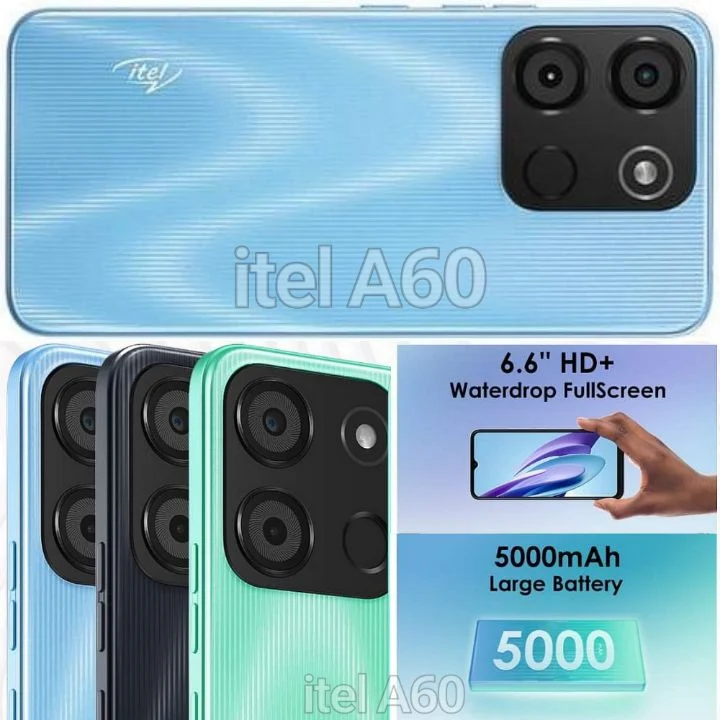 iTel A60 Smartphone Overview - Specifications: 5000mAh All-Day Battery, Android 12 Operating System, 6.6-Inch Full HD Screen, Face ID..