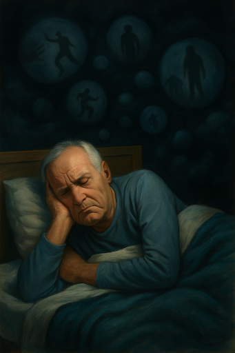 "Traditional oil painting of an elderly man sleeping anxiously, surrounded by dark tones symbolizing nightmares; a shadowed face reveals tension – a visual metaphor for sleep disturbances in old age."