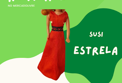 Chegou no MercadoLivre Vestido Boneca Susi Vermelho Cinto Fita Galão Estrela