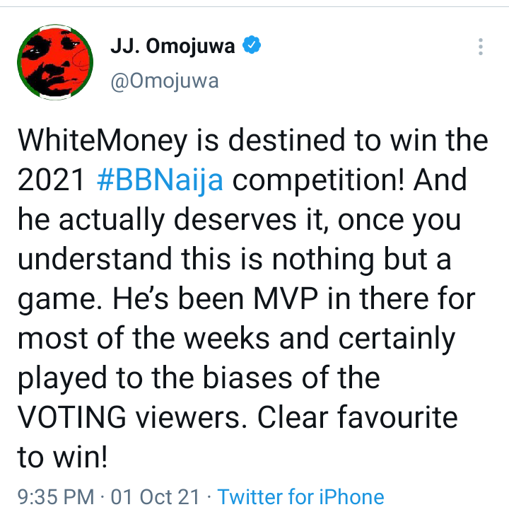 BBNaija: Omojuwa reveals why Whitemoney deserves to win the 2021 BBNaija competition