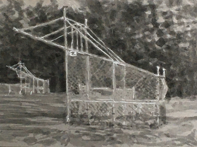 Pen and wash drawing of backstop on athletic field, with angled roof and chain link sides