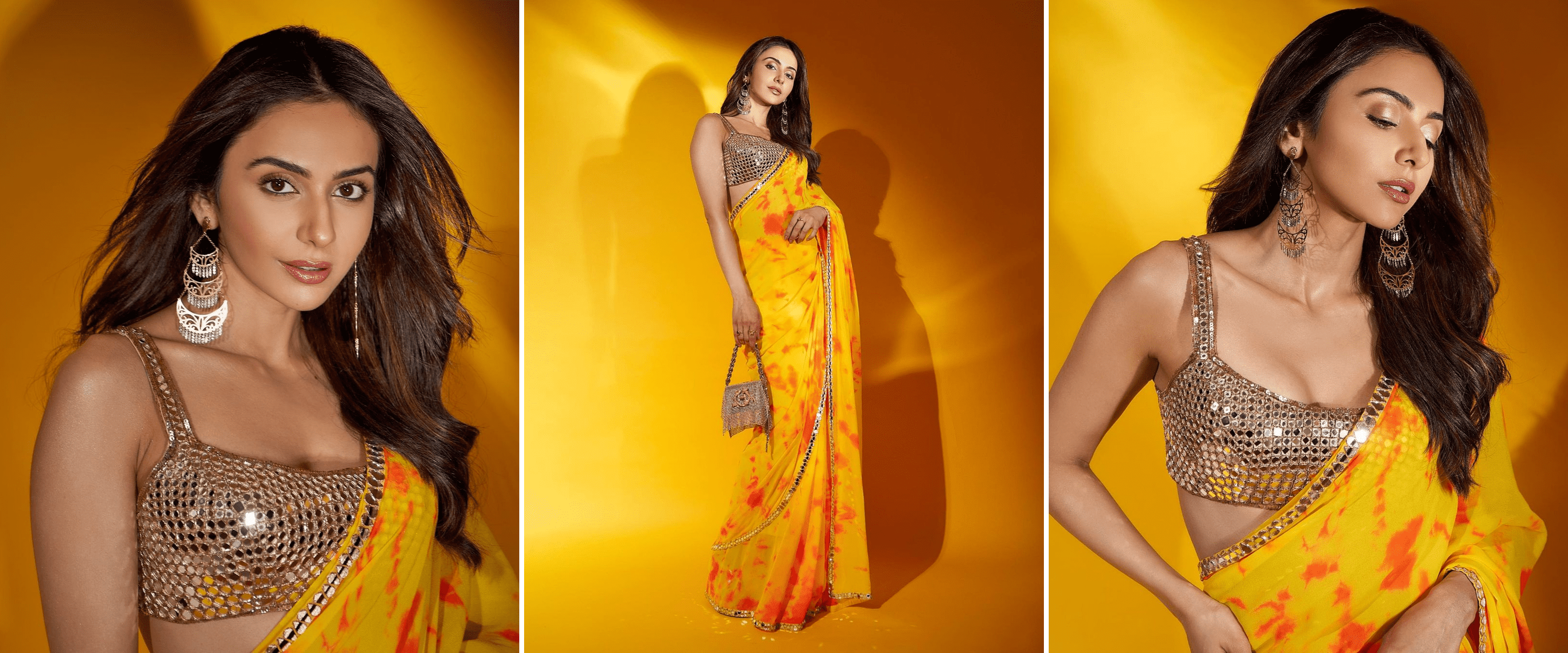 Rakul Preet Singh's Mirror Work Blouse paired with a Yellow and Orange Printed Saree