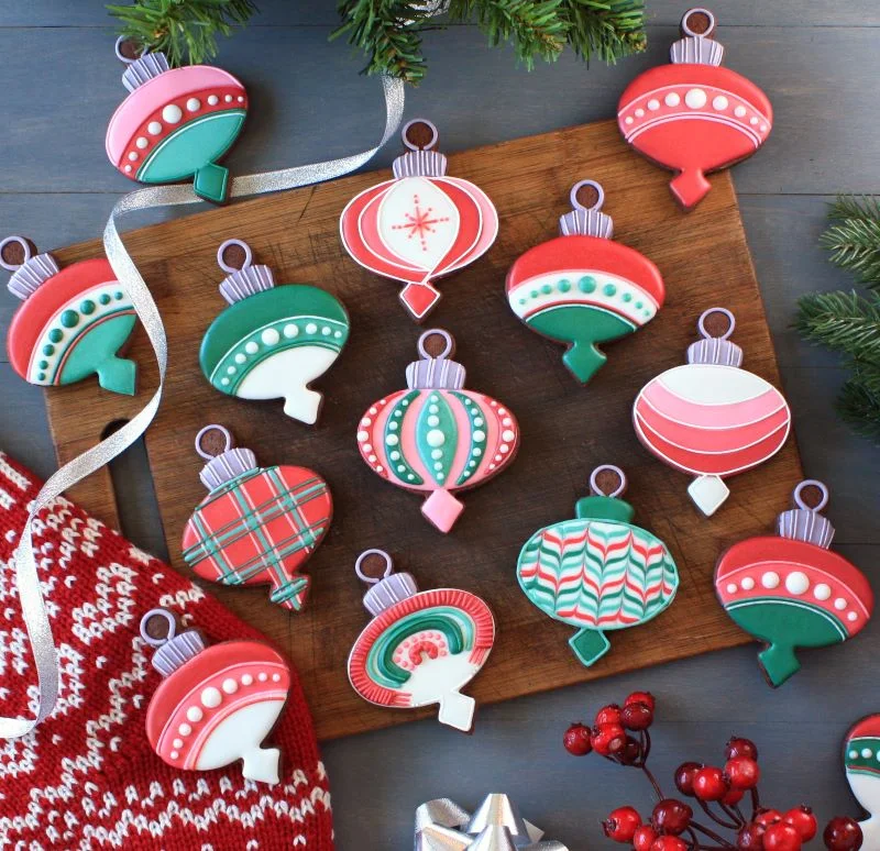 Chocolate decorated Christmas ornament sugar cookies