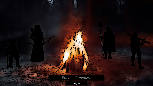 4 shadow characters standing around a campfire / bonfire, the second from the left has a glowing white outline