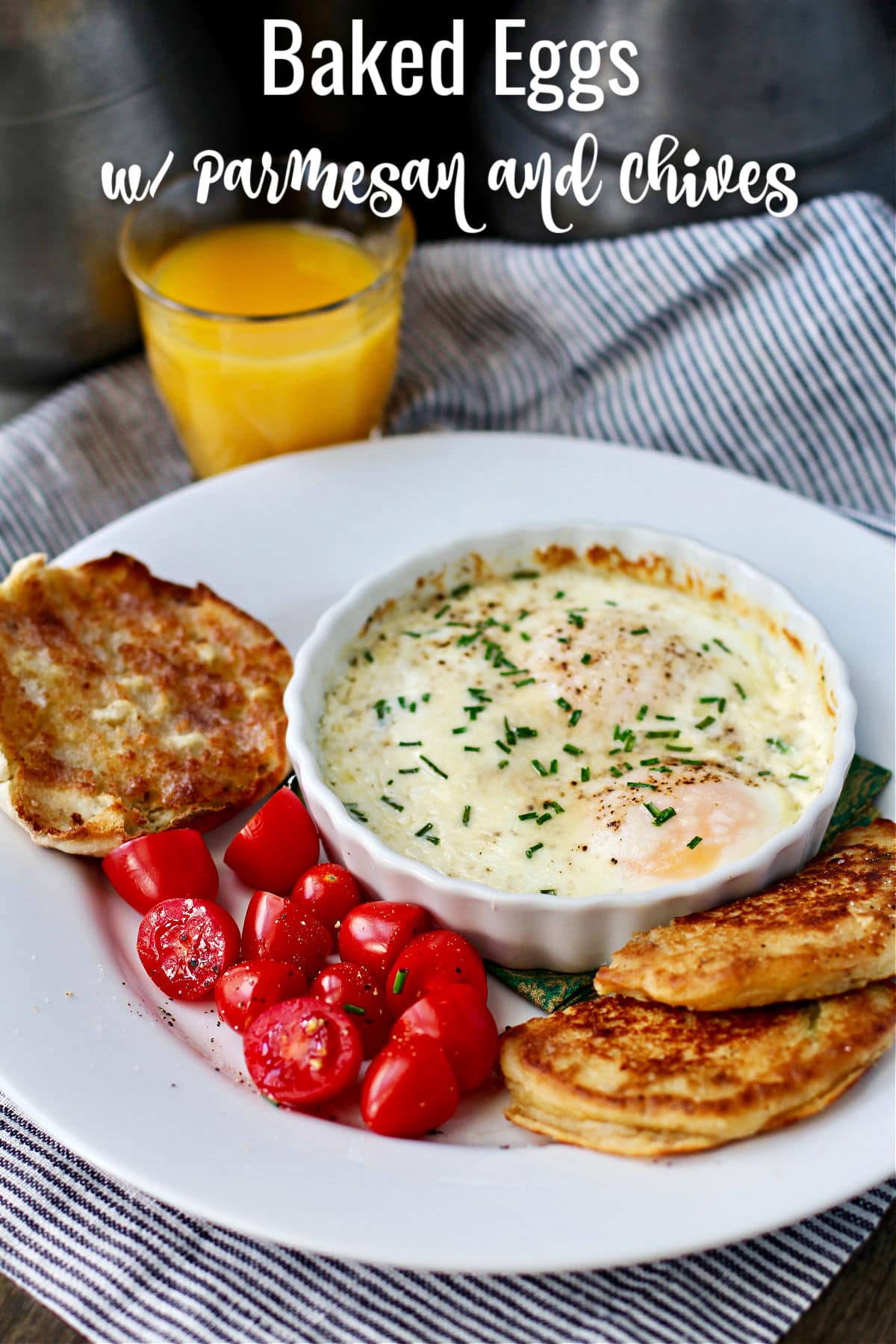 Baked eggs with Parmesan and Chives plated.